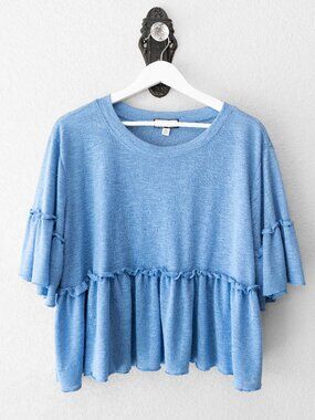 Discreet Blue Tiered Top XL Ruffle Hem Bell Sleeve Flowy Boho Lightweight Blouse